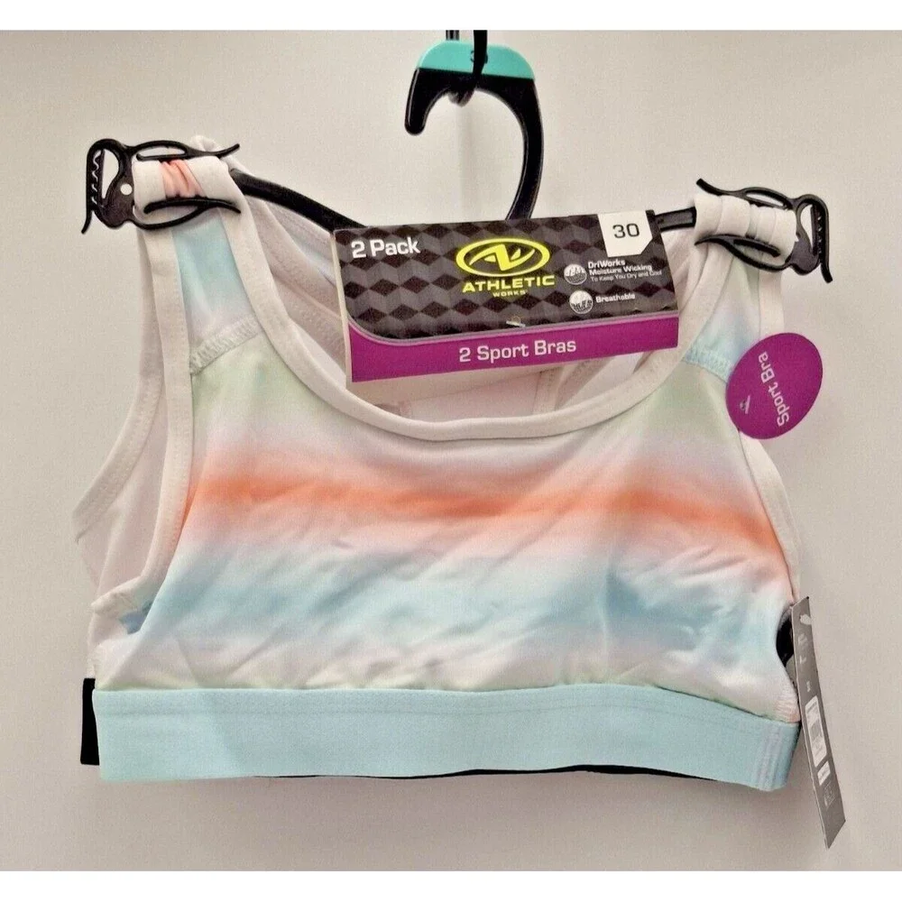 NWT Athletic Works Girls Racerback Sports Bra 2 Pack Size 30 Multicolor White